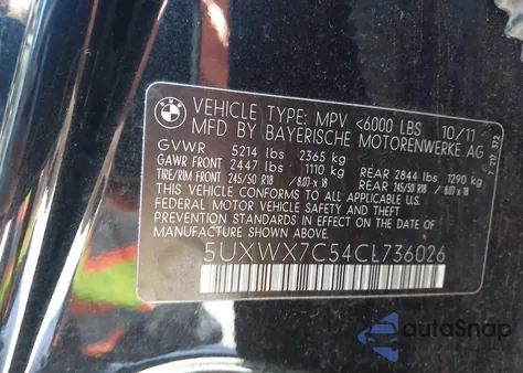 2012 BMW X3 xDrive35I z USA, uszkodzony, nr VIN 5UXWX7C54CL736026